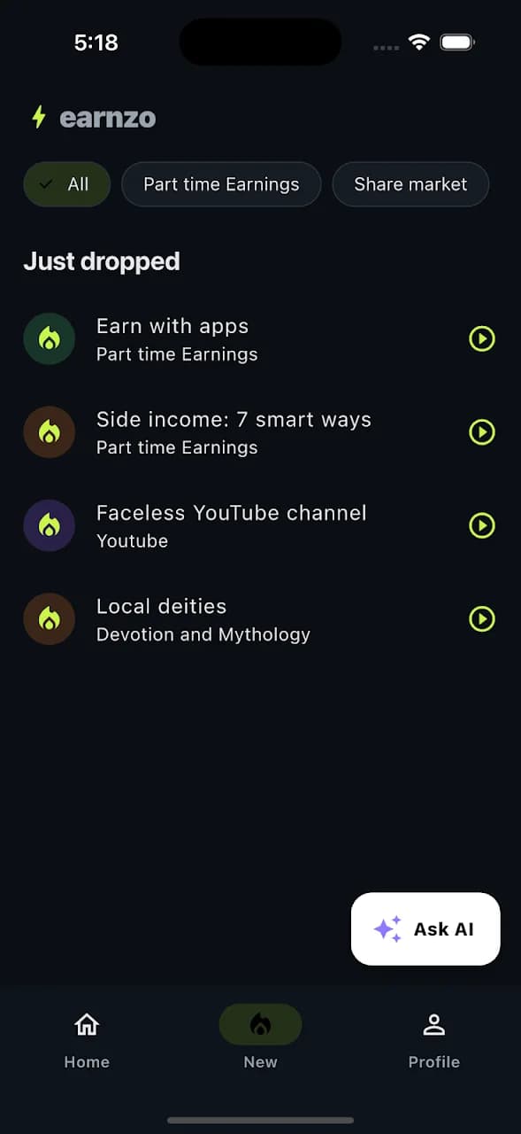 Earnzo app screen